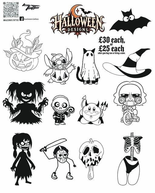 Ulotka Halloween: wzory tatuaży po £30 lub £25 przy dwóch